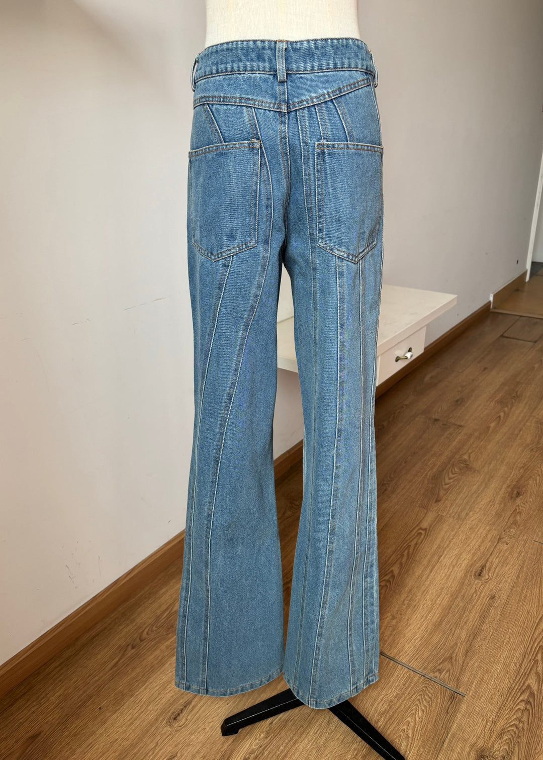 Fashion Blue Asymmetrical Design Pockets Denim Flared Trousers Fall
