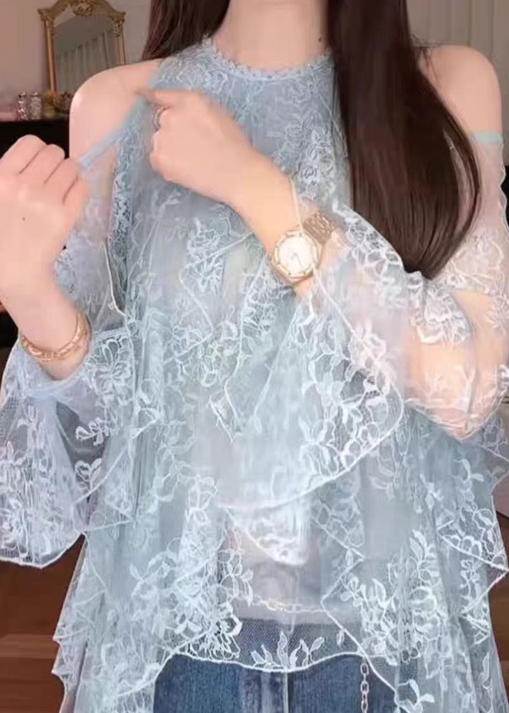 Fashion Blue Cold Shoulder Ruffled Lace Shirt Fall