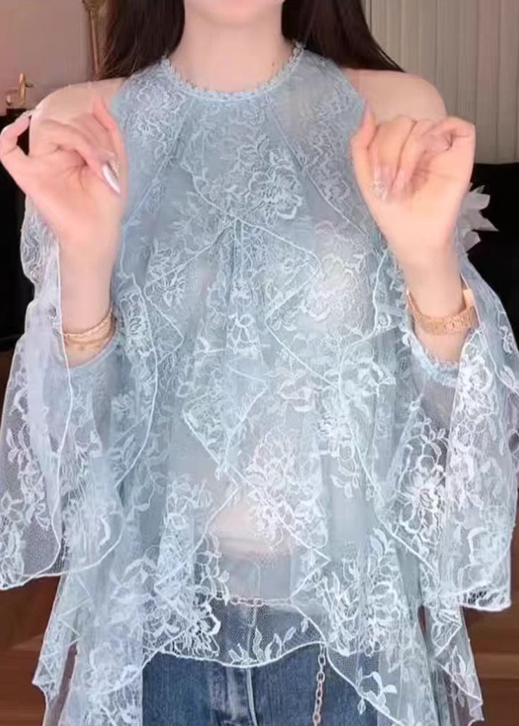 Fashion Blue Cold Shoulder Ruffled Lace Shirt Fall