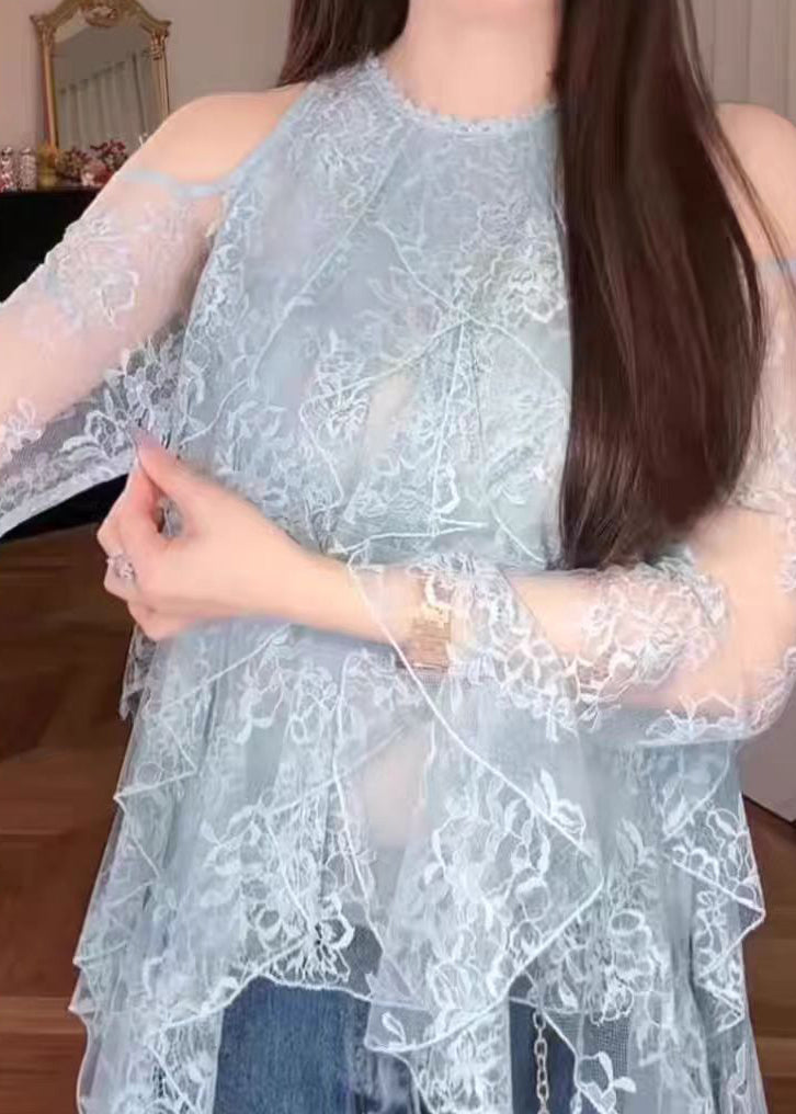 Fashion Blue Cold Shoulder Ruffled Lace Shirt Fall