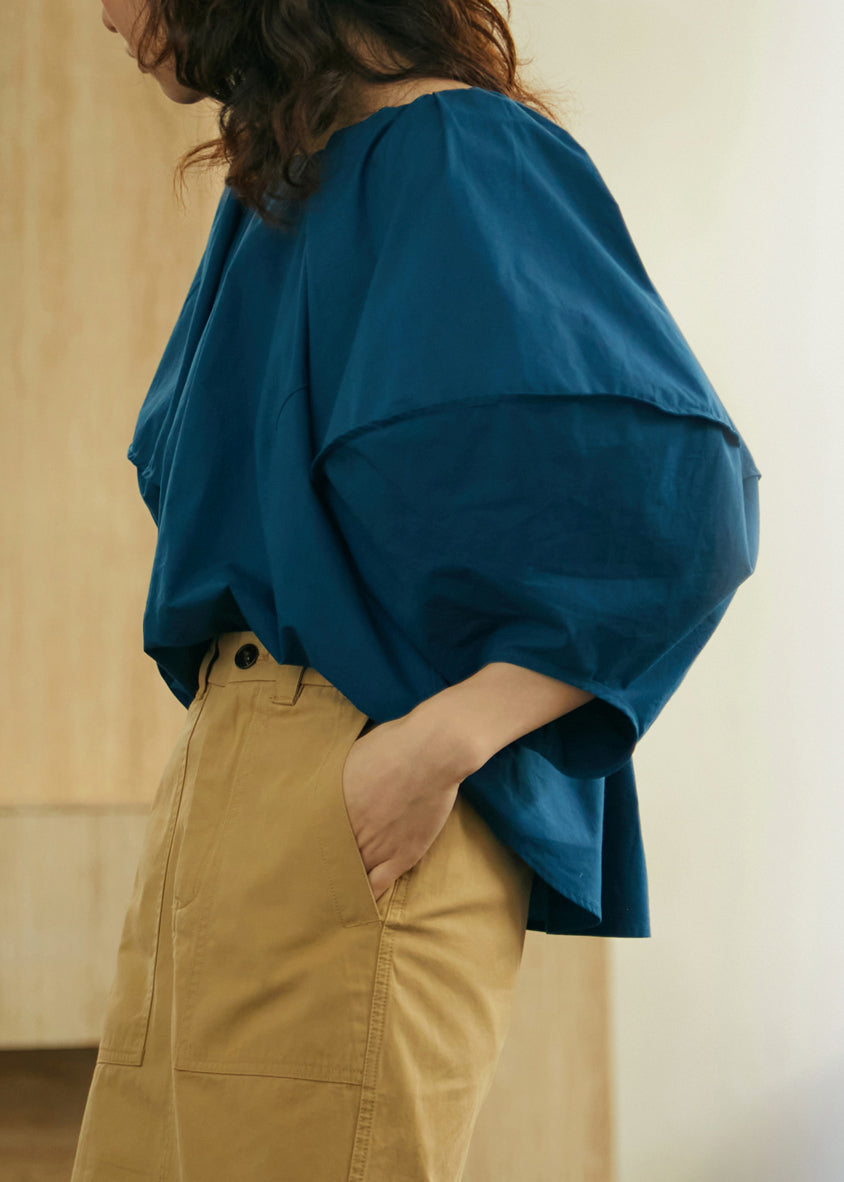 Fashion Blue O Neck Cotton Shirts Lantern Sleeve