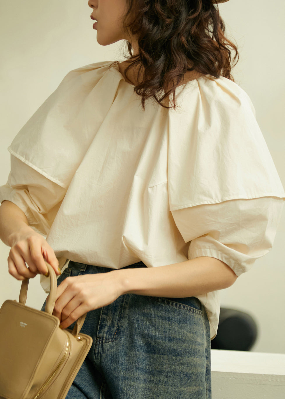 Fashion Blue O Neck Cotton Shirts Lantern Sleeve