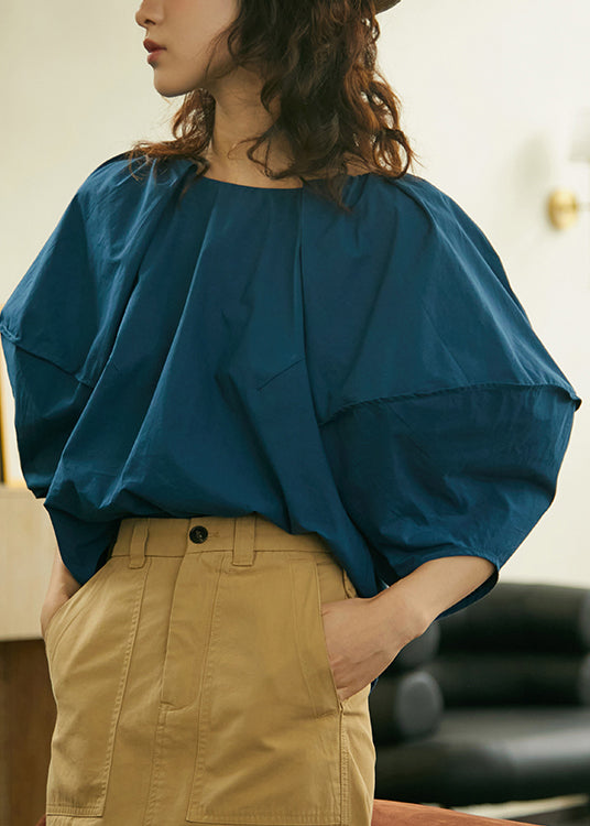 Fashion Blue O Neck Cotton Shirts Lantern Sleeve