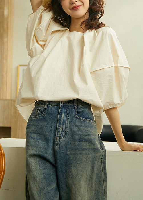 Fashion Blue O Neck Cotton Shirts Lantern Sleeve