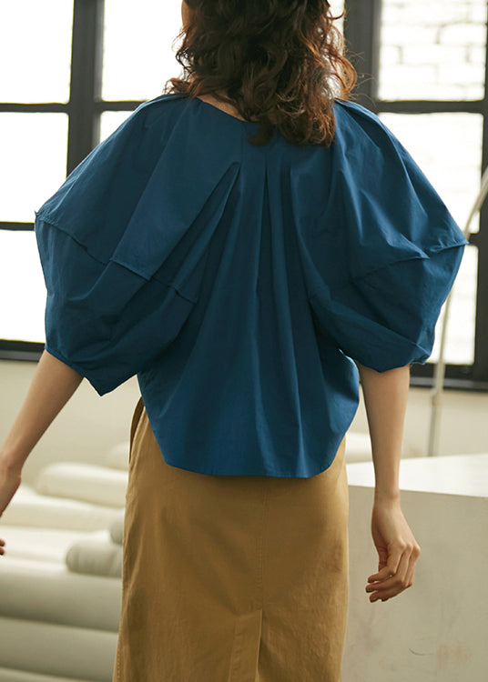 Fashion Blue O Neck Cotton Shirts Lantern Sleeve