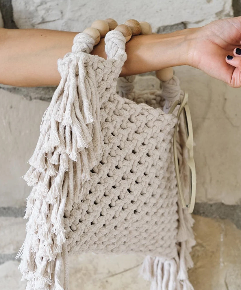 Fashion Blue Tasseled Hollow Out Knit Tote Handbag