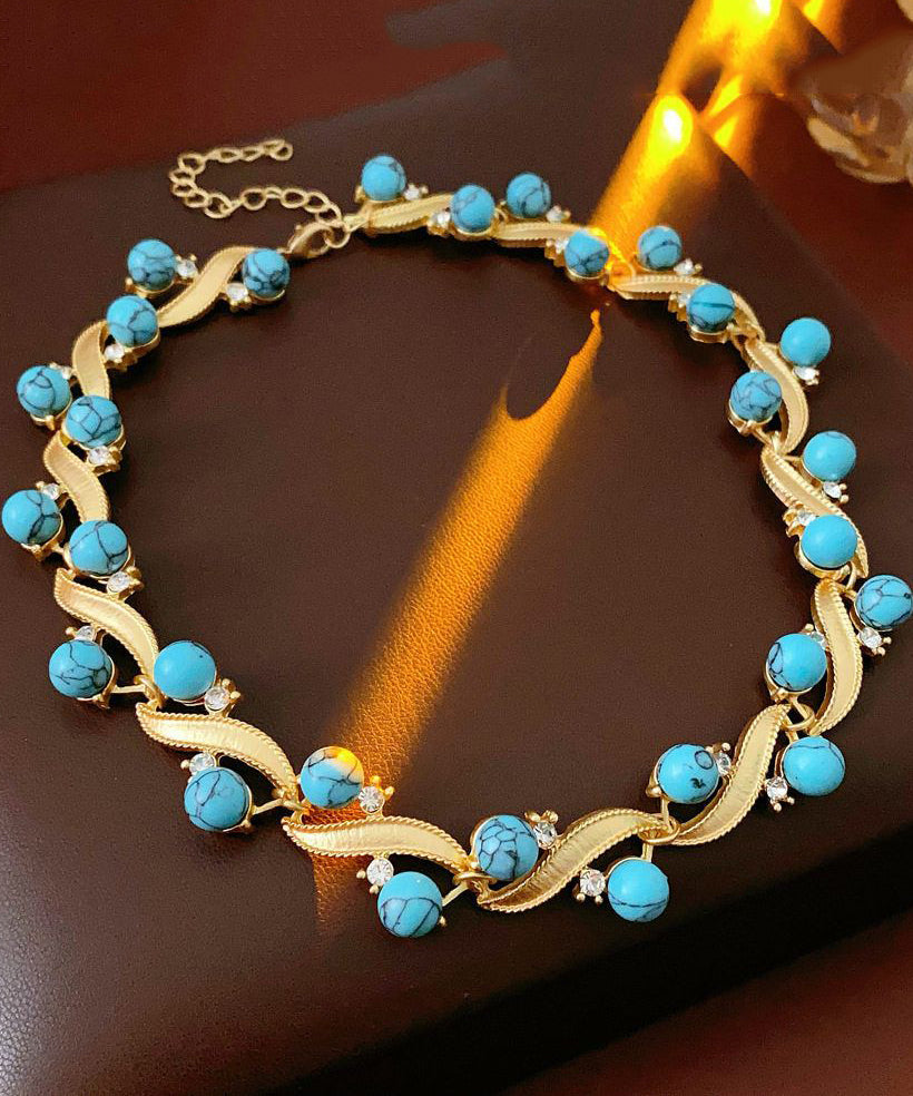 Fashion Blue Turquoise Alloy Zircon Gratuated Bead Necklace