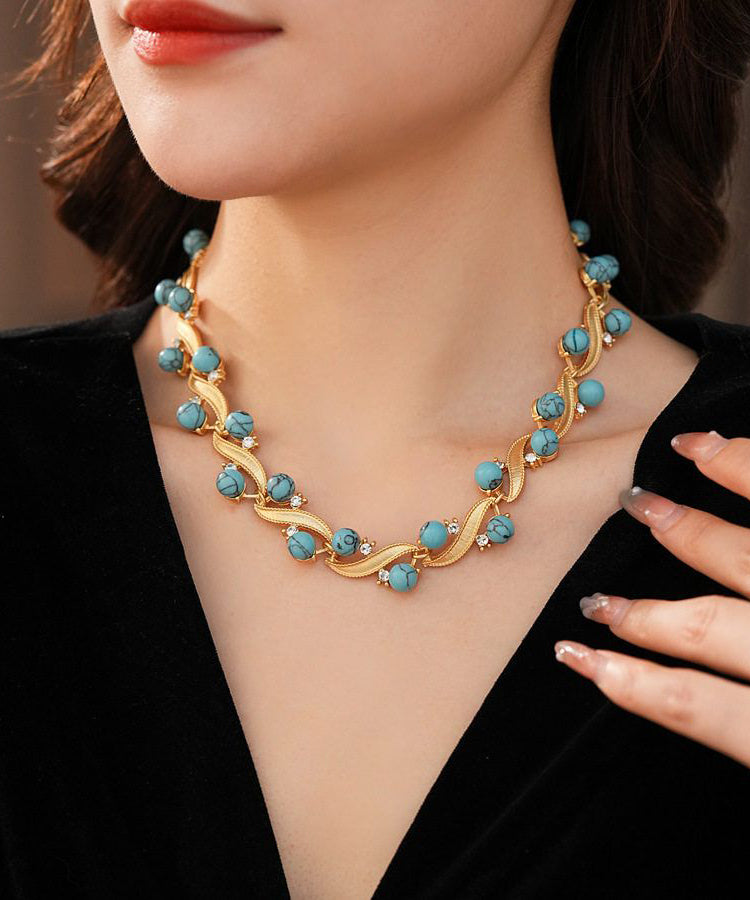 Fashion Blue Turquoise Alloy Zircon Gratuated Bead Necklace