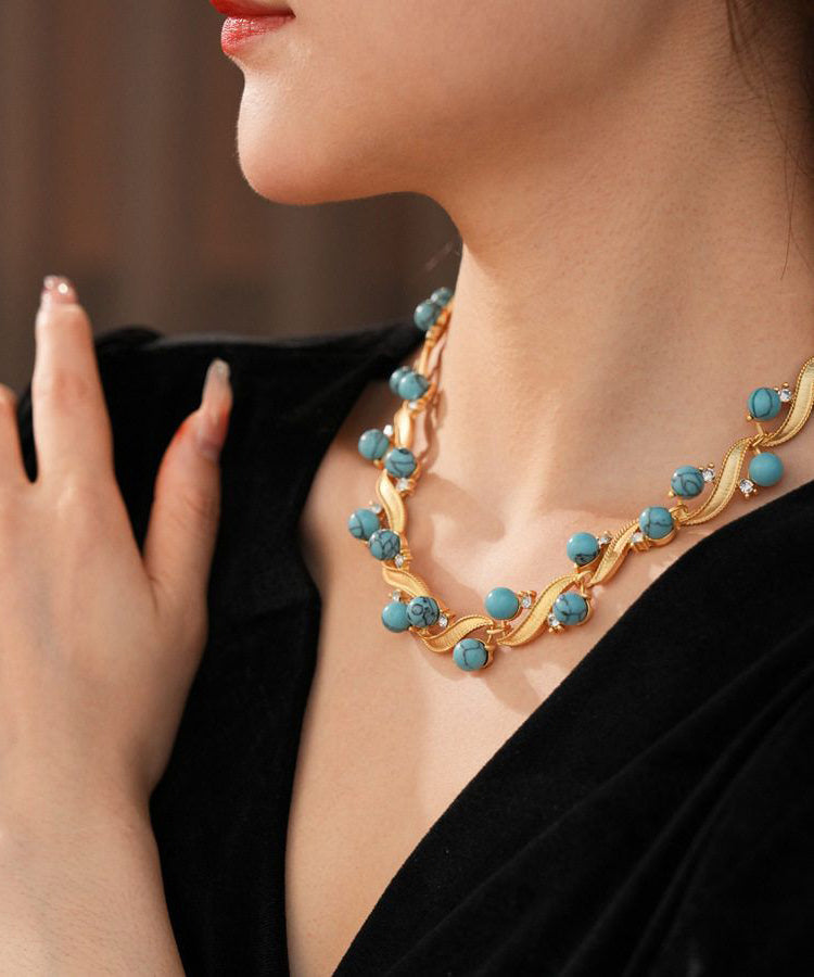 Fashion Blue Turquoise Alloy Zircon Gratuated Bead Necklace