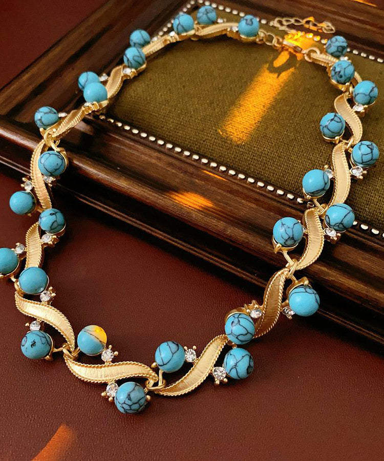 Fashion Blue Turquoise Alloy Zircon Gratuated Bead Necklace