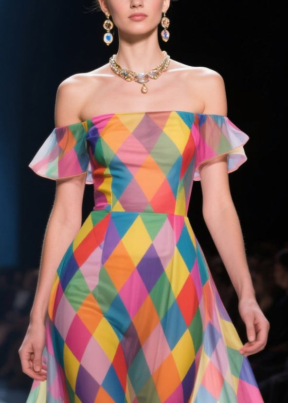 Fashion Colorblock Cold Shoulder Plaid Chiffon Strapless Dress Summer