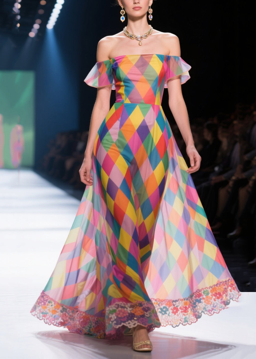 Fashion Colorblock Cold Shoulder Plaid Chiffon Strapless Dress Summer