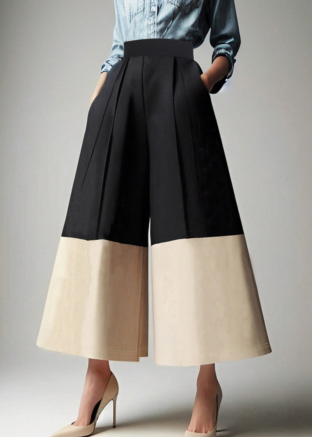 Fashion Colorblock High Waist Pockets Crop Pants Summer