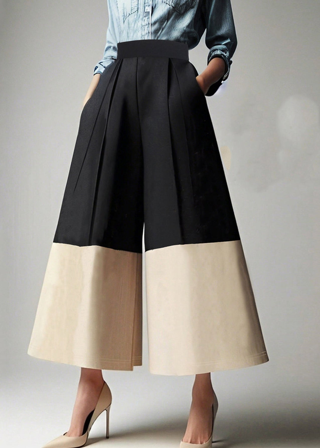 Fashion Colorblock High Waist Pockets Crop Pants Summer