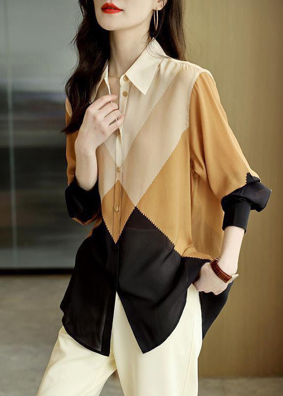 Fashion Colorblock Peter Pan Collar Button Chiffon Blouses Spring