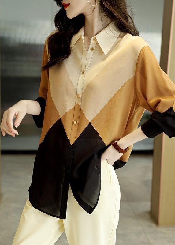 Fashion Colorblock Peter Pan Collar Button Chiffon Blouses Spring
