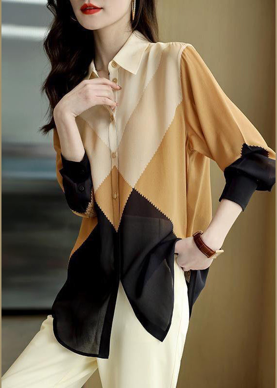 Fashion Colorblock Peter Pan Collar Button Chiffon Blouses Spring