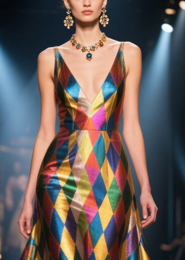 Fashion Colorblock Ruffled Patchwork Plaid Silk Evening Dress Summer