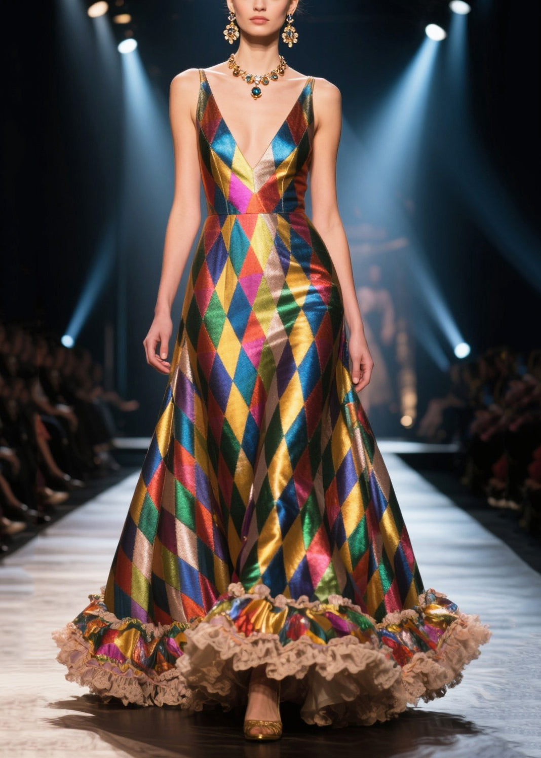 Fashion Colorblock Ruffled Patchwork Plaid Silk Evening Dress Summer