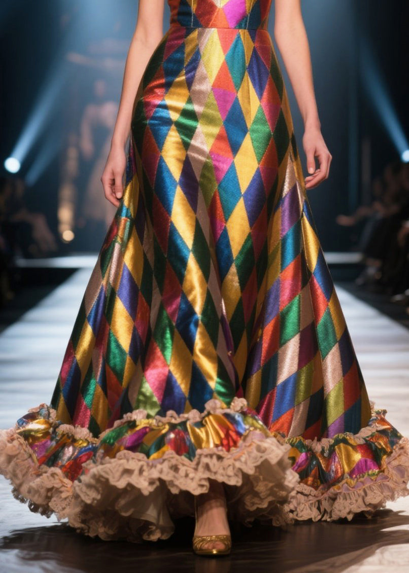 Fashion Colorblock Ruffled Patchwork Plaid Silk Evening Dress Summer