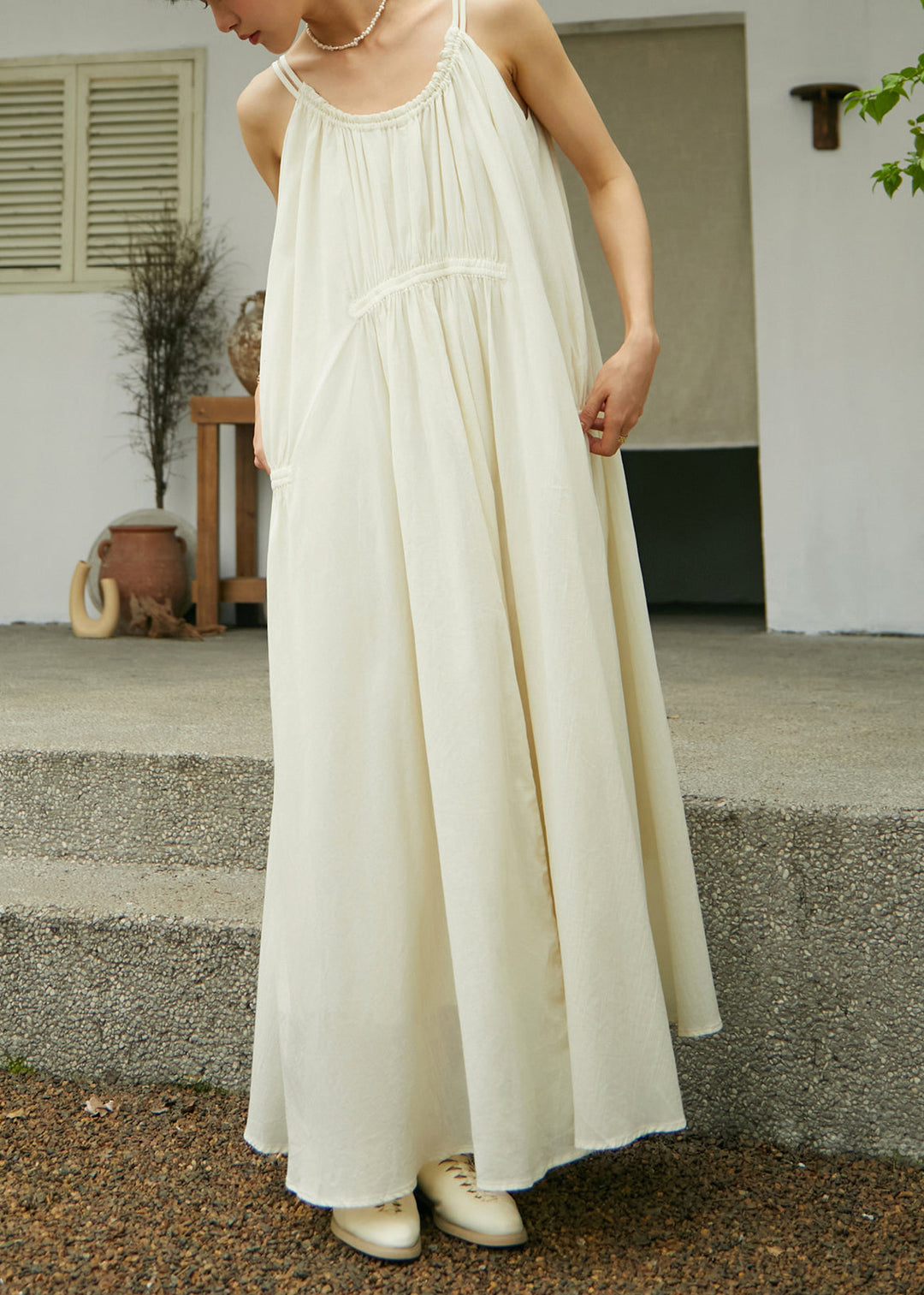 Fashion Dark Grey Wrinkled Cotton Spaghetti Strap Dress Sleeveless