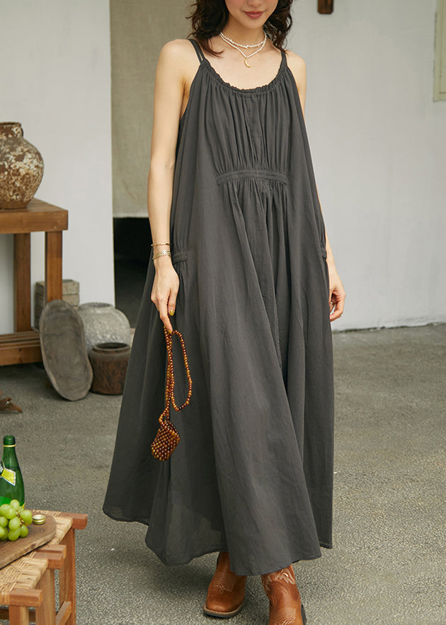 Fashion Dark Grey Wrinkled Cotton Spaghetti Strap Dress Sleeveless