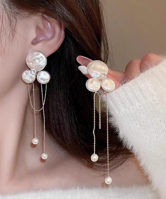 Fashion Gold Alloy Zircon Pearl Floral Tassel Drop Earrings
