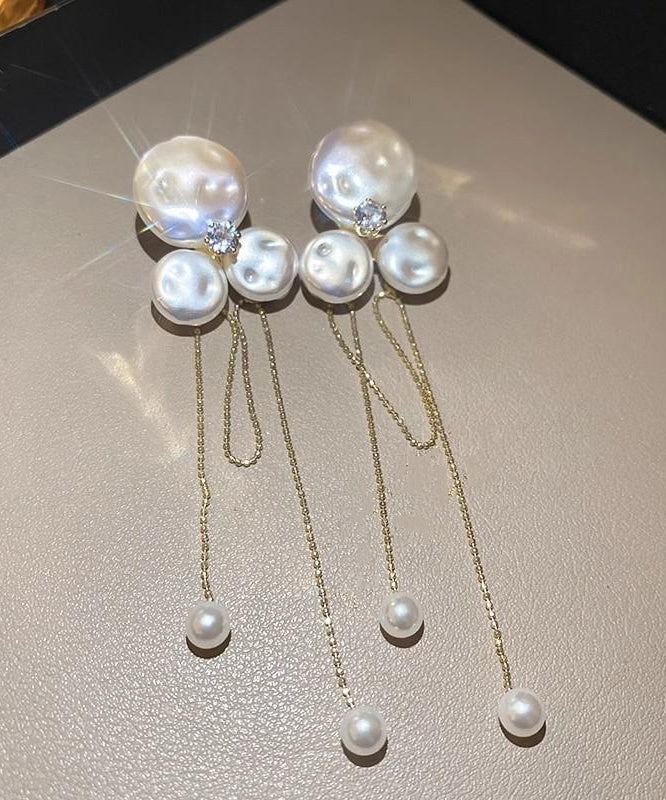 Fashion Gold Alloy Zircon Pearl Floral Tassel Drop Earrings