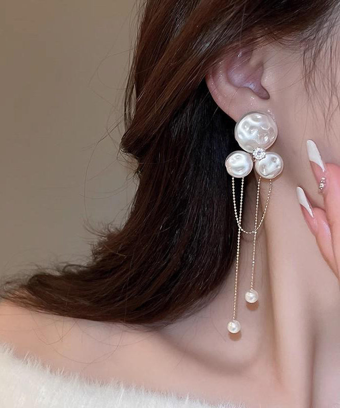Fashion Gold Alloy Zircon Pearl Floral Tassel Drop Earrings