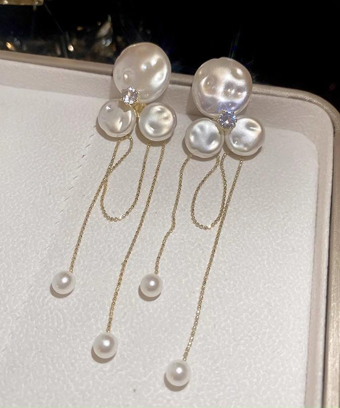 Fashion Gold Alloy Zircon Pearl Floral Tassel Drop Earrings