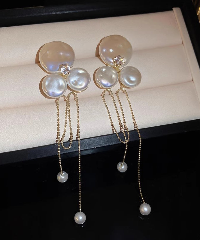 Fashion Gold Alloy Zircon Pearl Floral Tassel Drop Earrings