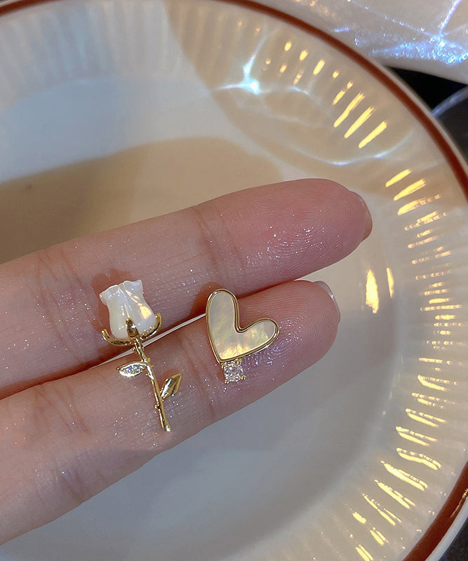 Fashion Gold Copper Overgild Asymmetrical Rose And Floral Stud Earrings