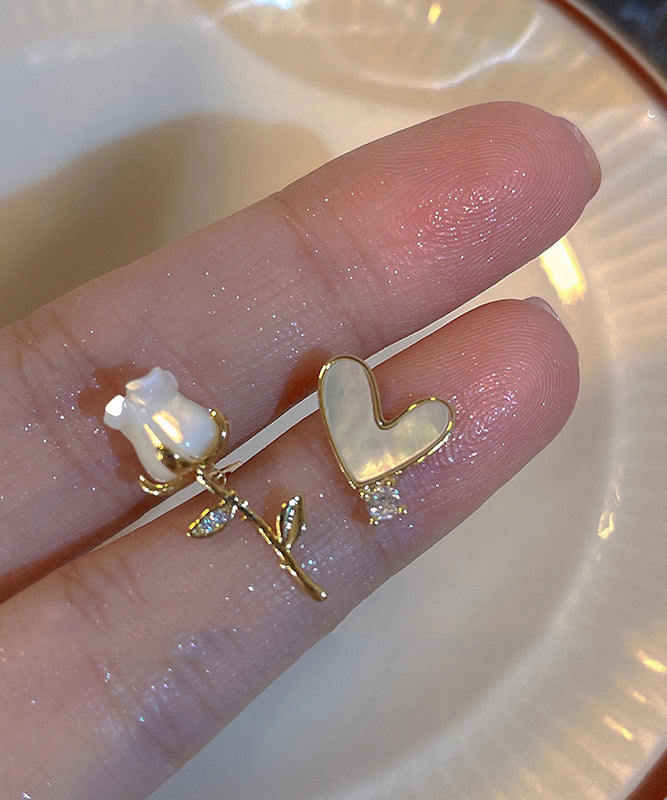 Fashion Gold Copper Overgild Asymmetrical Rose And Floral Stud Earrings