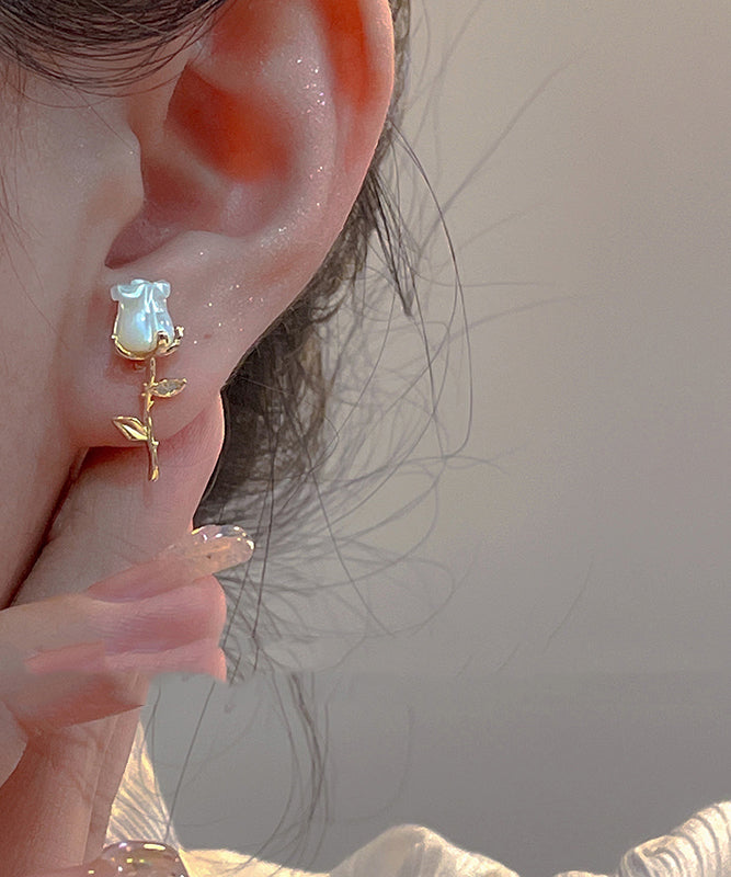 Fashion Gold Copper Overgild Asymmetrical Rose And Floral Stud Earrings