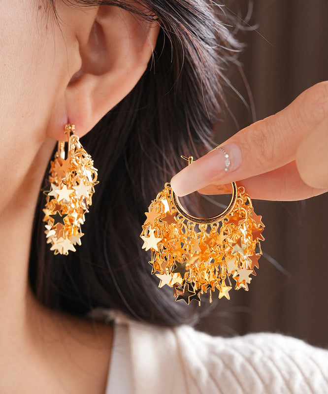 Fashion Gold Copper Overgild Zircon Star Tassel Hoop Earrings