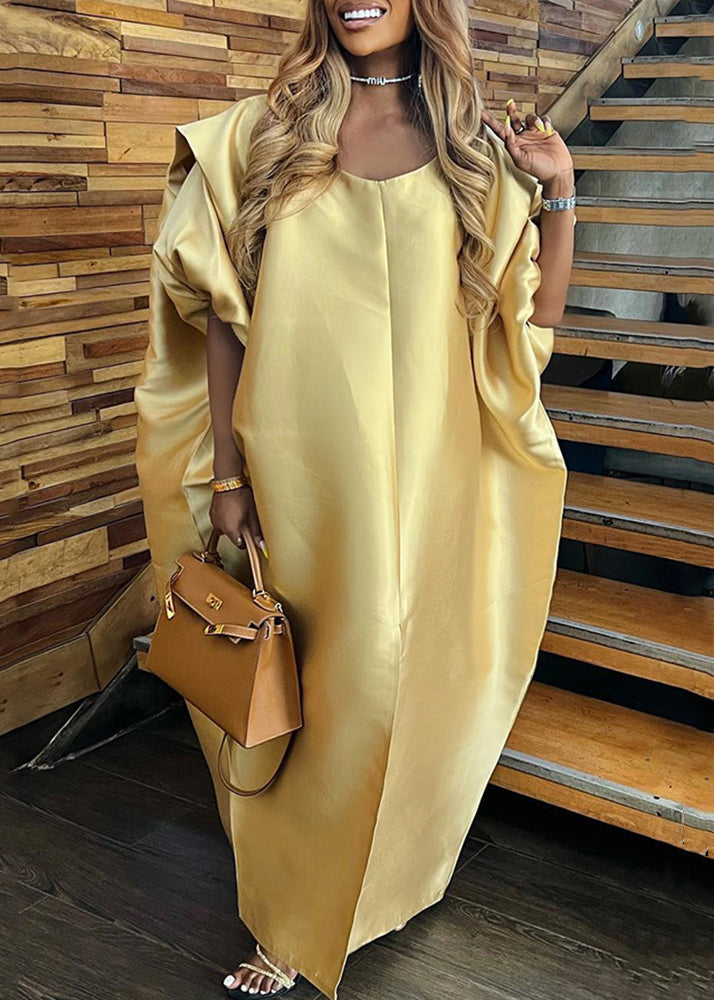 Fashion Gold Puff Sleeve Front Open Plus Size Silk Long Dress