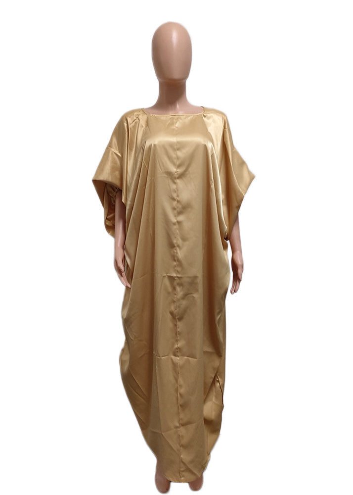 Fashion Gold Puff Sleeve Front Open Plus Size Silk Long Dress