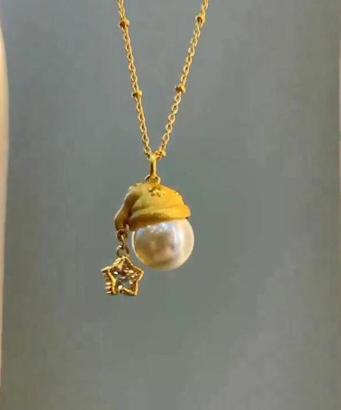 Fashion Gold Sterling Silver Overgild Zircon Pearl Star Santa's Hat Pendant Necklace