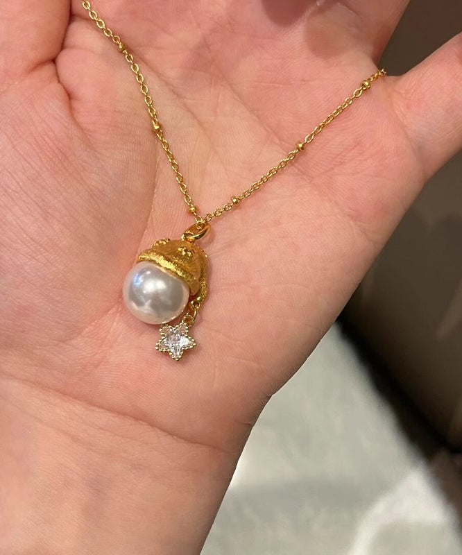 Fashion Gold Sterling Silver Overgild Zircon Pearl Star Santa's Hat Pendant Necklace