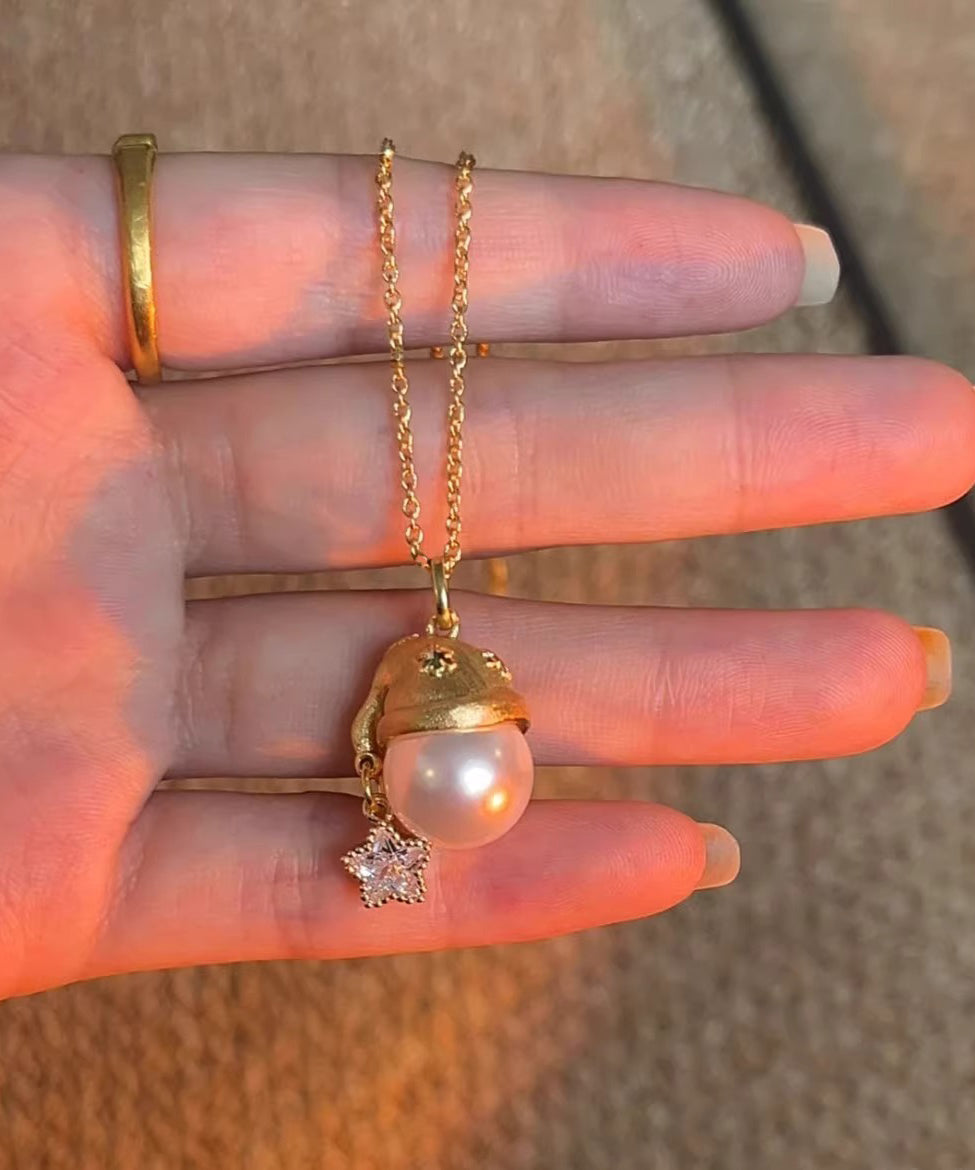 Fashion Gold Sterling Silver Overgild Zircon Pearl Star Santa's Hat Pendant Necklace