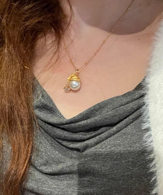 Fashion Gold Sterling Silver Overgild Zircon Pearl Star Santa's Hat Pendant Necklace