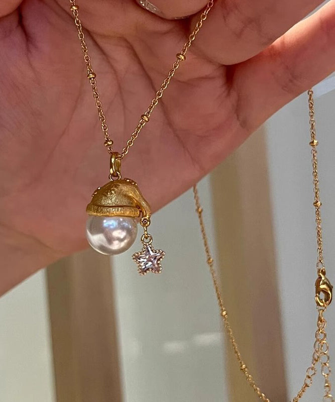 Fashion Gold Sterling Silver Overgild Zircon Pearl Star Santa's Hat Pendant Necklace