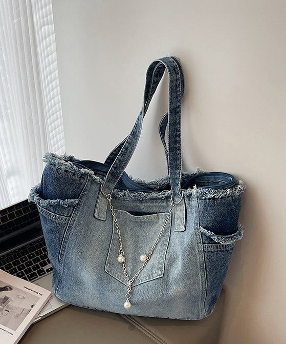 Fashion Gradient Blue Tasseled Large Capacity Denim Shoulder Bags