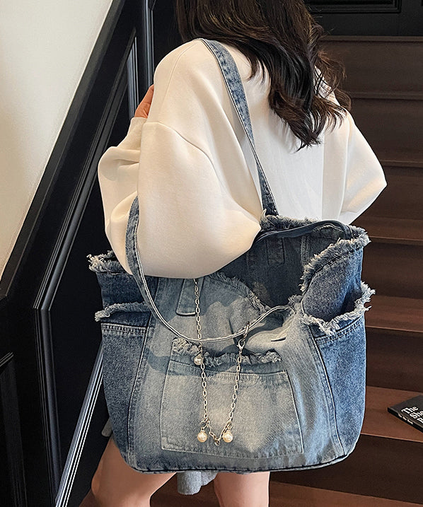 Fashion Gradient Blue Tasseled Large Capacity Denim Shoulder Bags
