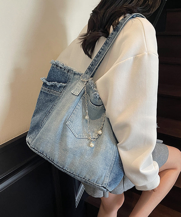 Fashion Gradient Blue Tasseled Large Capacity Denim Shoulder Bags