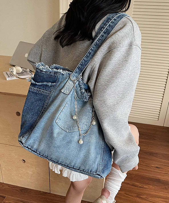 Fashion Gradient Blue Tasseled Large Capacity Denim Shoulder Bags