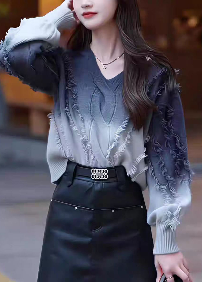 Fashion Gradient Color Tassel Knitted Sweater Tops Fall