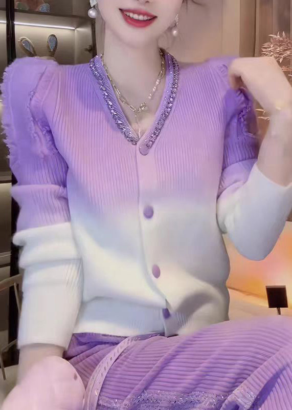 Fashion Gradient Color V Neck Zircon Knit Cardigans Fall