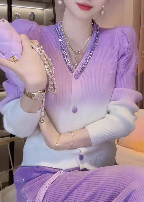 Fashion Gradient Color V Neck Zircon Knit Cardigans Fall