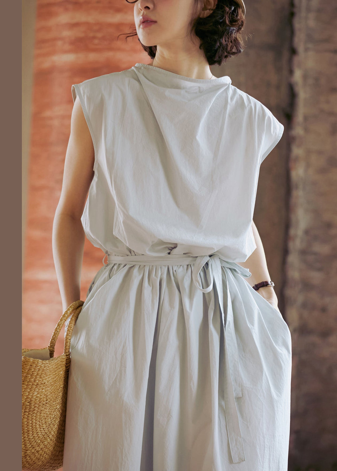 Fashion Grey Lace Up Pockets Cotton Dress Sleeveless